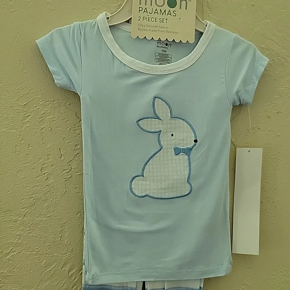 RABBIT MOON 2-PC LIGHT BLUE AND WHITE STRIPED BUNNY PAJAMAS, SZ 12 MONTHS - NEW!
